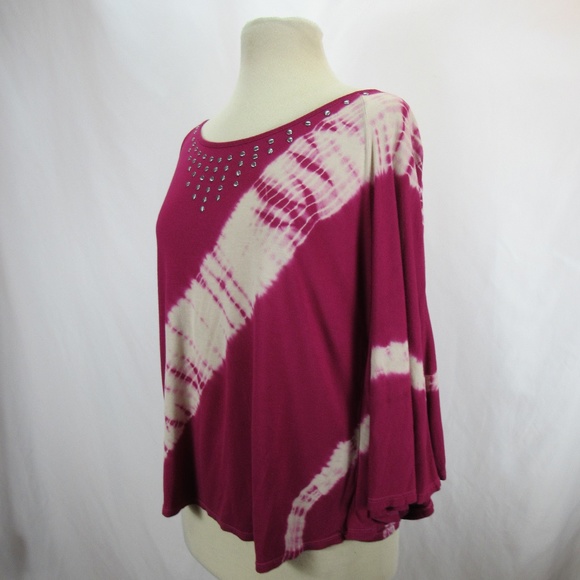 Tops - Pink White Tie Dye Dolman Batwing Stud Blouse Top